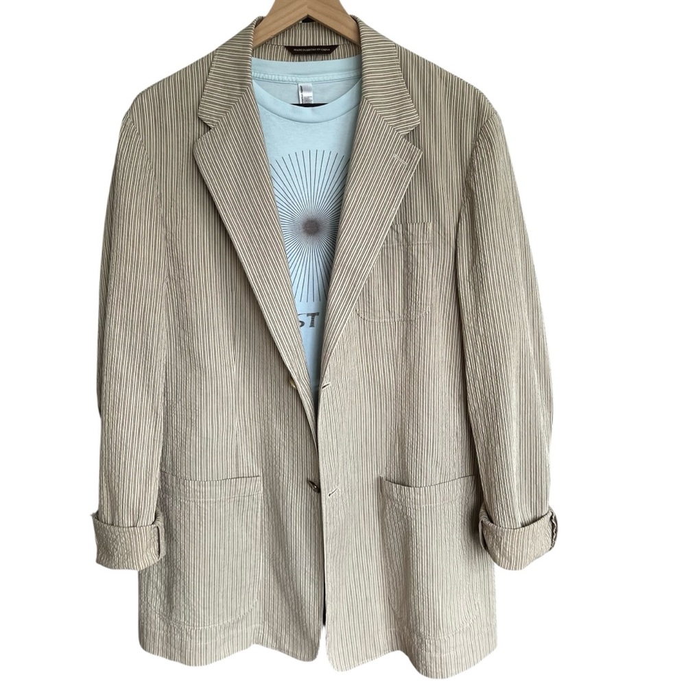 Perry Ellis Cotton Lightweight Seersucker Brown Striped Unisex Blazer44 R